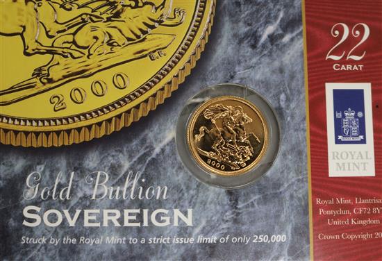 A 2000 gold full sovereign, in original packet.